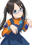 1girl black_hair blue-framed_eyewear blue_dress blue_eyes cowboy_shot dress ghost_hair_ornament glasses highres idolmaster idolmaster_shiny_colors light_smile long_sleeves mitsumine_yuika pachiko polka_dot polka_dot_dress polka_dot_shirt semi-rimless_eyewear shirt solo turtleneck turtleneck_shirt twintails under-rim_eyewear white_background 