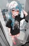  1other adidas after_bathing ambiguous_gender androgynous bidet cabinet earrings floor grey19940316 highres indie_virtual_youtuber jewelry looking_at_viewer mirror naked_shirt parted_lips plunger qingdeng_(vtuber) red_eyes shampoo shirt slippers steam sweat teeth toilet towel upper_teeth_only virtual_youtuber white_hair 