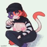 1:1 2025 3_toes 4_fingers anthro areola artist_name barefoot beanie big_breasts biped black_beanie black_bottomwear black_clothing black_eyeshadow black_hat black_headwear black_pants black_shirt black_topwear blush blush_lines bottomwear breasts calico_cat cheek_tuft claws clothed clothed_anthro clothed_female clothing clothing_lift crossed_legs digital_media_(artwork) domestic_cat ear_piercing ear_ring ears_down epic_games eyebrows eyelashes eyeshadow facial_tuft feet felid feline felis female female_anthro fingers flashing flashing_breasts fortnite fur glistening glistening_breasts half-closed_eyes hat headgear headwear hi_res makeup mammal meow_skulls multicolored_body multicolored_fur multicolored_tail narrowed_eyes navel nipples noseless orange_body orange_fur orange_tail pants pattern_clothing piercing pink_areola pink_nipples pivoted_ears purple_body purple_eyebrows purple_fur ring_piercing shirt shirt_lift simple_background sitting smile solo striped_clothing striped_sleeves stripes tail text toe_claws toes topwear tuft vyralart white_background white_body white_fur white_tail yellow_eyes