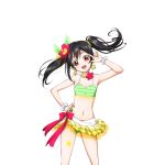  1girl :d \m/ anime_coloring bead_necklace beads bikini black_hair blush bow breasts cleavage cowboy_shot earrings flower frilled_bikini frills green_bikini green_nails hair_beads hair_flower hair_ornament hand_on_own_hip hand_up hibiscus jewelry layered_bikini leg_tattoo looking_at_viewer love_live! love_live!_school_idol_festival love_live!_school_idol_project natsuiro_egao_de_1_2_jump! navel necklace nico_nico_nii official_art open_mouth pink_bow red_eyes red_flower see-through_clothes small_breasts smile solo star_(symbol) star_earrings star_tattoo striped_bikini striped_clothes swimsuit tattoo transparent_background twintails wristband yazawa_nico 