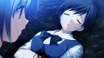  2girls black_bow black_bowtie black_hair bleeding blood bow bowtie breasts closed_eyes death dirty dirty_clothes dirty_face fumio_(ura_fmo) game_cg grisaia_(series) grisaia_no_rakuen ibuki_haruna injury looking_at_another lying medium_breasts multiple_girls non-web_source official_art on_back on_ground outdoors parted_lips plant_roots purple_eyes sakuma_minori school_uniform shirt short_hair short_sleeves upper_body variant_set white_shirt 