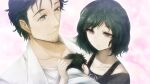  1boy 1girl 1other adam&#039;s_apple beard_stubble belt black_belt black_hair black_shirt bob_cut brown_pants coat collarbone facial_hair father_and_child game_cg genderswap genderswap_(mtf) grey_eyes hair_ornament hairclip happy highres huke if_they_mated jewelry lab_coat lapels light_smile long_sleeves looking_at_another medium_hair messy_hair mother_and_child narrowed_eyes non-web_source notched_lapels off-shoulder_shirt off_shoulder official_art okabe_rintarou pants pink_eyes puffy_short_sleeves puffy_sleeves red_shorts ribbon ringed_eyes shiny_lips shirt short_hair short_sleeves shorts skull_hair_ornament smile square_pupils steins;gate stubble t-shirt tank_top urushibara_ruka white_coat white_ribbon white_shirt 