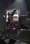  1girl animal animal_ears arm_behind_back armband bakeneko bandaid bandaid_on_face bigchaping black_cat black_hair black_serafuku black_thighhighs brick_wall cat cat_ears cat_girl cat_tail charm_(object) commentary contrast crossed_legs dumpster facing_viewer ghost glowing glowing_eyes highres lamppost leaning_on_object looking_at_viewer multiple_cats night original puddle rain red_armband school_uniform serafuku shadow short_hair shoulder_strap single_thighhigh suburb tail thigh_strap thighhighs trash_bag urban vending_machine weapon_case wet whiskers wide_shot 