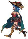  1girl absurdres armor armored_boots bandaged_arm bandaged_leg bandages belt blue_hair boots breasts brown_skirt cape commentary commission dang_(runescape) duellist&#039;s_cap_(tier_6) english_commentary fingerless_gloves from_side full_body gladiator gloves glowing_hat gold_trim greaves green_belt green_cape green_nails hat highres leotard light_blush long_bangs long_hair medium_breasts old_school_runescape orange_eyes original poleyn red_leotard runescape second-party_source simple_background skirt smile solo spiked_hair sun_symbol thick_eyebrows transparent_background unexistarts walking yellow_eyes 