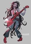  1girl adventure_time alternate_costume ax_bass bass_guitar belt black_hair breasts colored_skin denim dreadlocks fang grey_skin highres instrument jeans long_hair marceline_abadeer nose nostrils open_mouth pants pointy_ears sepezzz shirt simple_background smile solo vampire very_long_hair y2k_fashion 