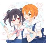  :d black_hair brown_eyes food hoshizora_rin kyokutsuki love_live! love_live!_school_idol_project multiple_girls open_mouth orange_hair popsicle red_eyes school_uniform serafuku short_hair smile twintails yazawa_nico 