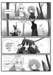  4koma \m/ ahoge alternate_height armor armored_dress artoria_pendragon_(all) closed_eyes comic crossover crown double_\m/ english fate/grand_order fate/stay_night fate_(series) gauntlets greyscale hair_bun hair_over_one_eye hair_ribbon highres love_live! love_live!_school_idol_project mash_kyrielight monochrome monty_python monty_python_and_the_holy_grail multiple_girls nico_nico_nii open_mouth parody ribbon saber setia_pradipta shield short_hair smile star tree twintails yazawa_nico 