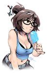  belt black-framed_eyewear black_bra blue_shirt bra breasts brown_eyes brown_hair collarbone glasses hair_bun hair_ornament hair_stick medium_breasts mei_(overwatch) midriff mike_nesbitt navel overwatch pants parted_lips shirt short_hair simple_background smile solo tank_top underwear upper_body white_background 