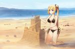  beach bikini blonde_hair breasts cleavage day highres kawakami_mai kneeling long_hair medium_breasts musaigen_no_phantom_world ocean outdoors ponytail purple_eyes sand_castle sand_sculpture sendrawz side-tie_bikini solo swimsuit 