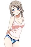  alternate_hairstyle arms_behind_back blue_hair blue_panties blush breasts camisole cleavage covered_nipples cowboy_shot eyebrows_visible_through_hair grin highres leaning_forward light_brown_hair looking_at_viewer love_live! love_live!_sunshine!! low_twintails medium_breasts panties rozen5 short_twintails simple_background smile solo striped striped_panties twintails underwear underwear_only watanabe_you white_background 