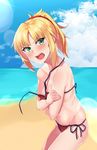  bad_id bad_pixiv_id beach bikini blonde_hair breasts cleavage covering covering_chest crossed_arms day fang fate/apocrypha fate/grand_order fate_(series) green_hair highres lens_flare mitsukichi mordred_(fate)_(all) mordred_(swimsuit_rider)_(fate) navel open_clothes outdoors ponytail red_bikini side-tie_bikini small_breasts solo swimsuit 