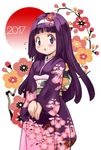  2017 :o blush flower hair_flower hair_ornament hairband japanese_clothes kimono long_hair looking_at_viewer obi original print_kimono purple_eyes purple_hair purple_kimono sash solo v_arms white_hairband yu_3 yukata 