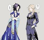  1girl bare_shoulders black_hair blonde_hair blue_eyes cosplay costume_switch crossdressing dress formal granblue_fantasy katalina_aryze lancelot_(granblue_fantasy) matsuki_tou red_eyes suit sweat tears the_dragon_knights translated 