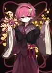  1girl aki_maki_yuu black_background bow commentary floral_background hairband highres japanese_clothes kimono komeiji_satori looking_to_the_side nail_polish obi pink_hair pink_nails red_eyes sash short_hair sketch sleeves_past_wrists solo standing third_eye touhou wide_sleeves 