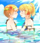  ayase_eli bad_id bad_pixiv_id bikini blonde_hair blush bracelet eye_contact flower hair_flower hair_ornament hairclip hoshizora_rin hug jewelry looking_at_another love_live! love_live!_school_idol_festival love_live!_school_idol_project multiple_girls orange_hair ponytail sunlight swimsuit visor_cap water ymrxx_(kamihurai) 