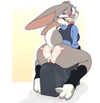  2017 3_toes anthro anus backsash blush bottomless butt claws clothed clothing digital_media_(artwork) disney female fur hair hindpaw judy_hopps lagomorph mammal paws purple_eyes pussy rabbit simple_background smile solo straddling sweat teeth toes tongue tongue_out uniform zootopia 