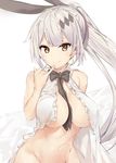 absurdres bangs bare_shoulders between_breasts black_bow black_neckwear bow bowtie breasts brown_eyes closed_mouth five-seven_(girls_frontline) girls_frontline grey_hair groin hair_ribbon highres large_breasts long_hair looking_at_viewer navel no_panties open_clothes open_shirt out-of-frame_censoring pinky_out ponytail ribbon shirt silver_(chenwen) simple_background smile solo very_long_hair white_shirt 