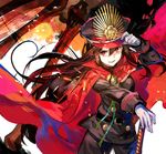  adjusting_clothes adjusting_hat black_hair black_hat cape commentary eyebrows_visible_through_hair family_crest fate_(series) fuji_choko gloves green_ribbon hat koha-ace long_hair long_sleeves looking_at_viewer oda_nobunaga_(fate) oda_uri open_mouth red_cape red_eyes ribbon smile solo white_gloves 