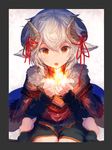  androgynous bangs blush border brown_eyes capelet commentary_request cupping_hands fire fur_trim grey_border hair_between_eyes horn_ribbon horns looking_at_viewer open_mouth original red_ribbon ribbon roll_okashi solo teeth white_hair 