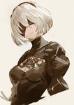 black_blindfold black_hairband blindfold breasts cleavage_cutout covered_eyes facing_viewer grey_background hairband juliet_sleeves long_sleeves medium_breasts mole mole_under_mouth nier_(series) nier_automata parted_lips puffy_sleeves short_hair silver_hair simple_background so-bin solo turtleneck upper_body yorha_no._2_type_b 