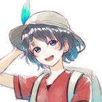  :d backpack bag black_hair blue_eyes blush commentary eyebrows_visible_through_hair eyelashes hair_between_eyes hand_on_headwear hat hat_feather head_tilt helmet inumoto jpeg_artifacts kaban_(kemono_friends) kemono_friends looking_at_viewer no_gloves nostrils open_mouth pith_helmet red_shirt shiny shiny_hair shirt short_hair short_sleeves simple_background sketch smile solo tareme teeth upper_body upper_teeth white_background 