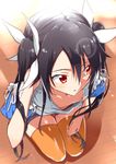  black_hair downblouse extended_downblouse flat_chest from_above kneeling long_hair looking_to_the_side orange_legwear ore_twintail_ni_narimasu red_eyes shirt shorts solo thighhighs tsube_aika twintails white_shirt yuto_(dialique) 