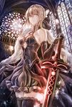  artoria_pendragon_(all) bare_shoulders black_dress black_gloves black_legwear black_ribbon blonde_hair braid breasts church cowboy_shot dark_excalibur dress elbow_gloves fate/grand_order fate/stay_night fate_(series) fur_trim gloves hair_between_eyes hair_ribbon highres holding holding_sword holding_weapon indoors jan_(lightdragoon) lace lace-trimmed_thighhighs light_particles looking_at_viewer medium_breasts parted_lips ribbon saber_alter sidelocks solo stained_glass sword thighhighs weapon yellow_eyes 