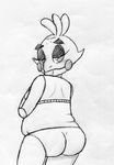  2016 animatronic anthro avian bedroom_eyes bird black_and_white butt chica_(fnaf) chicken female five_nights_at_freddy&#039;s half-closed_eyes inkyfrog looking_at_viewer looking_back machine monochrome nude rear_view robot seductive simple_background slightly_chubby solo traditional_media_(artwork) video_games white_background 