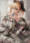  artoria_pendragon_(all) bad_id bad_pixiv_id bare_shoulders blonde_hair blush bow breasts caliburn cleavage dress fate/stay_night fate/unlimited_codes fate_(series) flower gloves green_eyes hisahisahisahisa holding long_hair looking_at_viewer medium_breasts revision saber saber_lily smile solo sword weapon white_gloves 