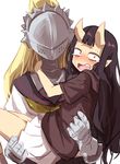  armor black_hair blonde_hair blush carrying constricted_pupils crying crying_with_eyes_open gazacy_(dai) highres hood hoodie horns kiko_(oddman_11) long_hair multiple_girls oddman_11 oni_horns open_mouth pointy_ears ponytail princess_carry purple_eyes school_uniform serafuku shizuhata_chouko skirt tears white_background 