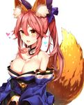  :d animal_ears arm_at_side bangs bare_shoulders blue_kimono blush bow breasts cleavage collarbone detached_collar detached_sleeves eyebrows_visible_through_hair fang fate/extra fate_(series) fox_ears fox_girl fox_tail hair_between_eyes hair_bow heart japanese_clothes kaerunoko kimono large_breasts lips long_hair looking_at_viewer nipple_slip nipples obi open_mouth pink_hair pink_lips purple_bow sash shiny shiny_skin simple_background smile solo strapless tail tamamo_(fate)_(all) tamamo_no_mae_(fate) twintails white_background yellow_eyes 