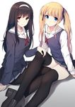  black_hair blonde_hair blue_eyes caidychen hair_ribbon hairband highres kasumigaoka_utaha multiple_girls pantyhose red_eyes ribbon saenai_heroine_no_sodatekata sawamura_spencer_eriri school_uniform sitting skirt sweater_vest thighhighs twintails 