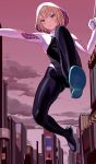 1girl artist_name ass_visible_through_thighs bangs blonde_hair blue_eyes blush bodysuit chinese_commentary city cloud commentary_request fkey full_body hand_up highres hood knee_up outstretched_arm pink_sky short_hair silk skin_tight solo spider-gwen spider-man:_into_the_spider-verse spider-man_(series) spider_web spider_web_print thighs 
