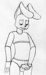  2016 animatronic anthro balls black_and_white blush buckteeth erection five_nights_at_freddy&#039;s half-closed_eyes holding_penis inkyfrog lagomorph machine male mammal monochrome penis rabbit robot simple_background solo springtrap_(fnaf) standing teeth traditional_media_(artwork) video_games white_background 