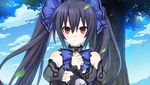  bare_shoulders black_hair blush breasts chou_megami_shinkou_noire_gekishin_black_heart game_cg hair_ornament highres long_hair looking_at_viewer manamitsu medium_breasts neptune_(series) noire official_art open_mouth red_eyes ribbon solo twintails 
