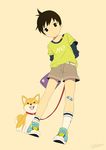  arms_behind_back artist_name bandaid bandaid_on_knee black_eyes black_hair clothes_writing collar dog dutch_angle head_tilt leash legs light_frown looking_at_viewer male_focus noeyebrow_(mauve) original paw_print shiba_inu shoes shorts simple_background socks solo standing 