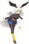  :d bald_eagle_(kemono_friends) belt bent_over bird_tail bird_wings black_jacket black_legwear blonde_hair blue_skirt boots breast_pocket brown_footwear buttons eyebrows_visible_through_hair eyelashes feathered_wings floating_hair full_body gloves gradient_footwear gradient_hair grey_hair hair_between_eyes head_wings highres jacket japari_symbol kei_(soundcross) kemono_friends long_hair long_sleeves looking_at_viewer military military_jacket military_uniform multicolored_footwear multicolored_hair open_mouth outstretched_arms pantyhose pleated_skirt pocket simple_background skirt smile solo standing tail teeth tsurime two-tone_footwear uniform upper_teeth white_background white_belt white_gloves white_hair wings yellow_buttons yellow_eyes yellow_footwear 