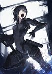  action aqua_eyes arched_back black_hair blood bodysuit commentary_request gun hetza_(hellshock) looking_to_the_side military open_mouth original revision short_hair snap-fit_buckle solo weapon 