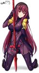  armor blush bodysuit breasts covered_navel dated fate/grand_order fate_(series) gae_bolg holding holding_weapon hood kneeling large_breasts long_hair looking_at_viewer md5_mismatch parted_lips pauldrons polearm ppshex purple_bodysuit purple_hair red_eyes scathach_(fate)_(all) scathach_(fate/grand_order) shoulder_armor signature solo spear veil very_long_hair weapon 