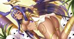  &gt;:) ass bangs blonde_hair blush bracelet breasts closed_mouth commentary_request dark_skin dutch_angle earrings egyptian egyptian_clothes facial_mark fate/grand_order fate_(series) gold hair_tubes hairband harimoji highres holding holding_staff hoop_earrings jewelry kneeling large_breasts long_hair looking_at_viewer looking_back medjed multicolored_hair nitocris_(fate/grand_order) panties purple_eyes purple_hair revealing_clothes sidelocks smile staff two-tone_hair underboob underwear v-shaped_eyebrows very_long_hair white_panties 
