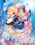  blonde_hair bow breasts bubble cardfight!!_vanguard company_name fangs fish heart immersed itou_life large_breasts long_hair magical_yell_nina mermaid monster_girl multicolored_hair official_art open_mouth pink_hair ponytail red_eyes solo submerged tiara two-tone_hair underwater underwater_city whip 