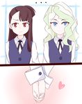  2girls absurdres bangs blue_eyes blunt_bangs blush brown_hair commentary diana_cavendish expressionless half-closed_eyes heart highres holding_hands kagari_atsuko little_witch_academia long_hair looking_to_the_side luna_nova_school_uniform multiple_girls nagi_(tmitu-n) neck_ribbon red_eyes ribbon school_uniform sidelocks split_screen upper_body white_hair yuri 