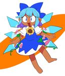  bangs barefoot blue_bow blue_dress blue_eyes blue_hair bow cirno dress flower furukawa_(yomawari) hair_bow hair_ribbon hidden_star_in_four_seasons highres ice ice_wings open_mouth outstretched_arms plant puffy_short_sleeves puffy_sleeves ribbon short_hair short_sleeves sidelocks solo sunflower tan tanned_cirno touhou vines wings 