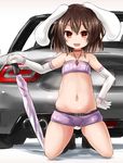  animal_ears arm_at_side ass_visible_through_thighs bandeau bare_shoulders black_hair black_legwear bunny_ears bunny_tail car carrot_necklace collarbone elbow_gloves fiat fiat_124_spider gloves groin ground_vehicle highres inaba_tewi kihuzinz kneeling looking_at_viewer midriff motor_vehicle navel parasol race_queen red_eyes short_hair smile socks solo stomach strapless tail touhou umbrella white_gloves 