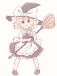 :o apron batta_(ijigen_debris) blonde_hair blue_eyes blush_stickers bow bowtie broom hair_bow hair_ribbon hat hat_bow holding holding_broom kirisame_marisa loafers long_hair looking_at_viewer ribbon shoes short_hair skirt skirt_set solo touhou tress_ribbon vest waist_apron white_bow witch_hat 