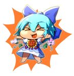  &gt;_&lt; :d barefoot blue_bow blue_dress blue_hair bow chibi cirno closed_eyes commentary_request dress eyebrows_visible_through_hair flower full_body hair_between_eyes hair_bow hidden_star_in_four_seasons open_mouth peso_(cheese_company) puffy_short_sleeves puffy_sleeves short_hair short_sleeves smile solo spread_legs sunflower tan tanned_cirno touhou xd 