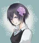  1girl black_hair blue_eyes hair_flower kingdom_hearts shirt short_hair xion_(kingdom_hearts) 