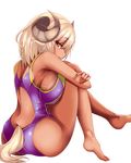  animal_ears armpits bangs bare_arms bare_legs bare_shoulders barefoot blonde_hair breasts competition_swimsuit dark_skin from_side horns large_breasts leg_hug looking_at_viewer looking_to_the_side nana_(mogs1225) one-piece_swimsuit original parted_lips pink_eyes platinum_blonde_hair profile purple_swimsuit sheep_ears sheep_horns sheep_tail sideboob sitting solo swimsuit tail 