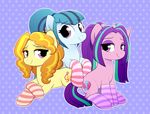  2017 adagio_dazzle_(eg) aria_blaze_(eg) clothing cutie_mark earth_pony equestria_girls equine eyelashes female feral group hair hi_res horse legwear long_hair looking_at_viewer mammal moozua multicolored_hair my_little_pony pigtails pony ponytail purple_eyes smile socks sonata_dusk_(eg) striped_legwear stripes two_tone_hair 