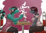  anthro badger chinese_text chopsticks clothed clothing duo feline female food fur hair juxzebra mammal mustelid open_mouth sitting smile sushi text 